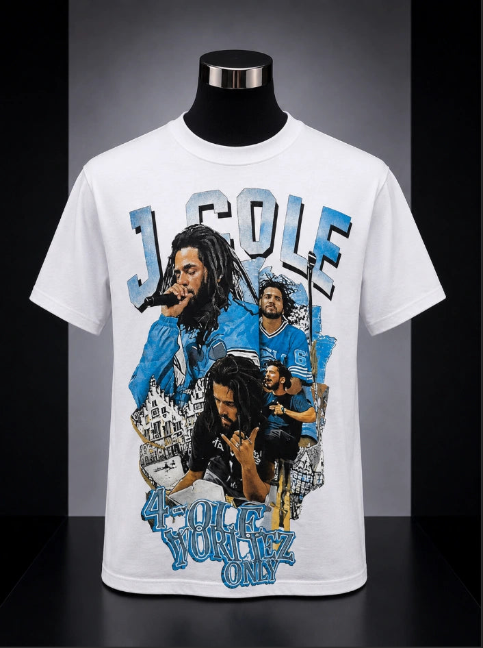 J. Cole Vintage Rap Graphic T-Shirt (specifically in a white colorway with a blue graphic collage).